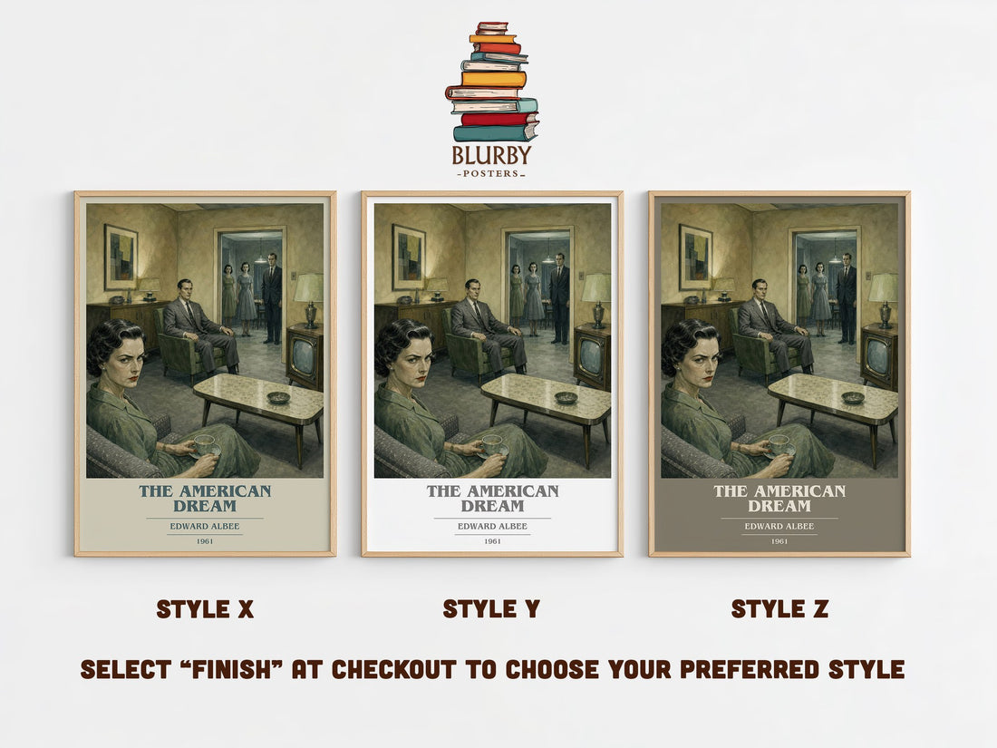 The American dream book cover print in frame leaning in hallway – literary fiction wall art (mockup)