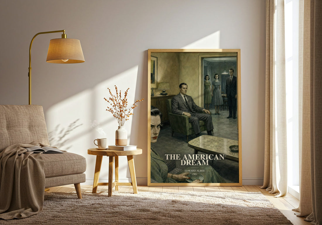 The American dream watercolour print in frame leaning in hallway – literary fiction wall art