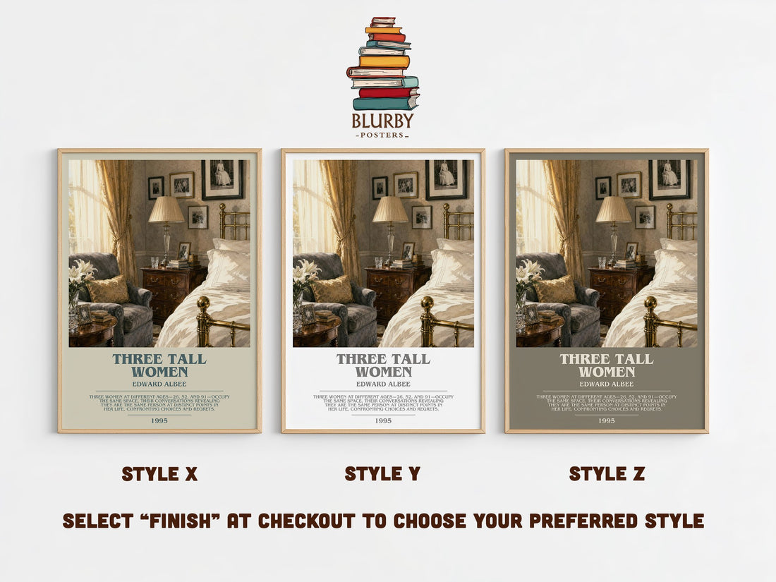 Three tall women bookish print in frame leaning in hallway – literary fiction wall art (mockup)