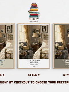 Three tall women book cover print in frame leaning in hallway – literary fiction wall art