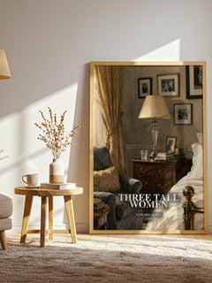 Three tall women watercolour print in frame leaning in hallway – literary fiction wall art