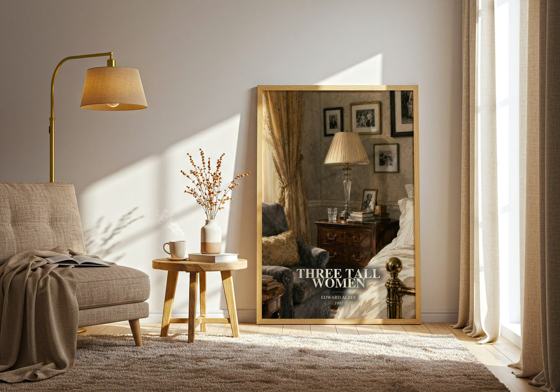 Three tall women watercolour print in frame leaning in hallway – literary fiction wall art