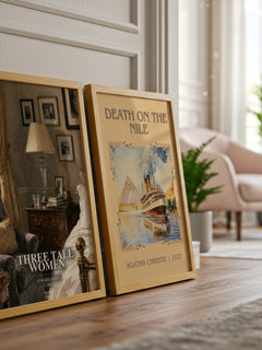 Three tall women watercolour print framed by window – literary home decor