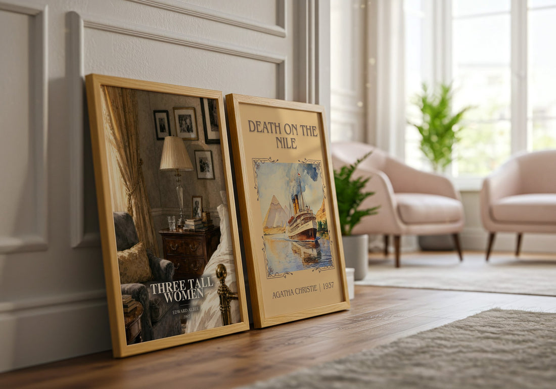 Three tall women watercolour print framed by window – literary home decor