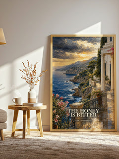 The Honey is Bitter watercolour print in frame leaning in hallway – romance wall art