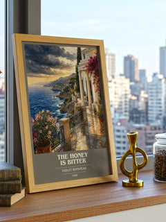 The Honey is Bitter book cover print framed by window – literary home decor