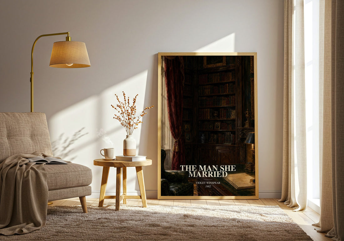 The Man She Married watercolour print in frame leaning in hallway – romance wall art