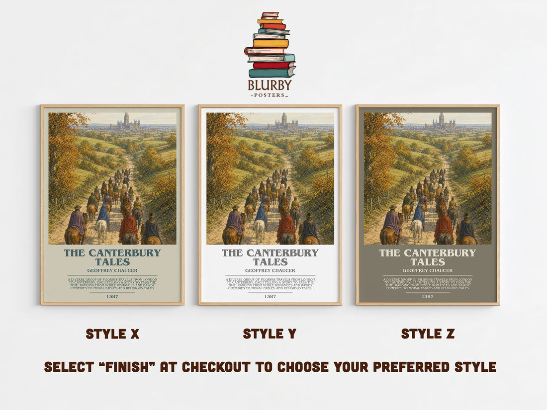 The Canterbury Tales bookish print in frame leaning in hallway – classic literature wall art (mockup)