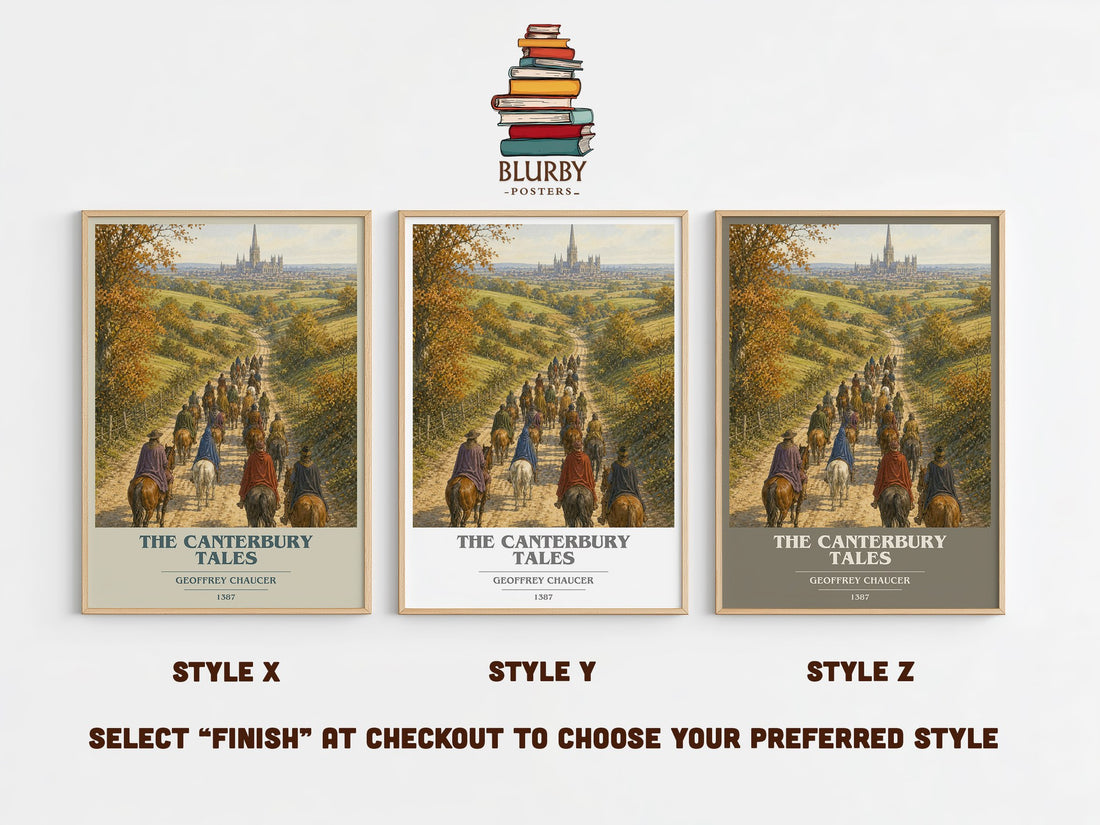 The Canterbury Tales book cover print in frame leaning in hallway – classic literature wall art (mockup)