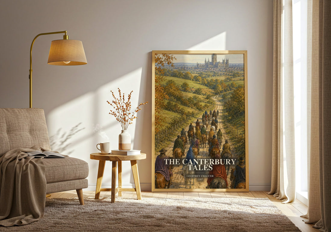 The Canterbury Tales watercolour print in frame leaning in hallway – classic literature wall art