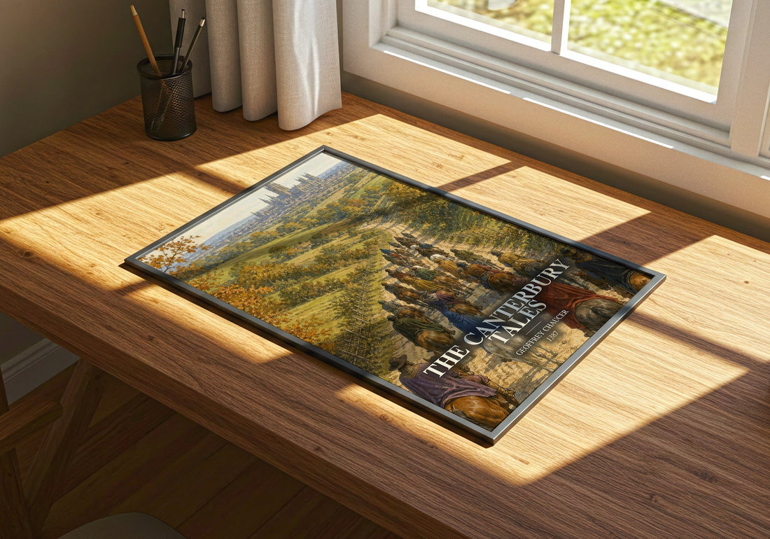 The Canterbury Tales watercolour book poster framed on wall – classic literature wall art