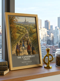 The Canterbury Tales book cover print framed by window – literary home decor
