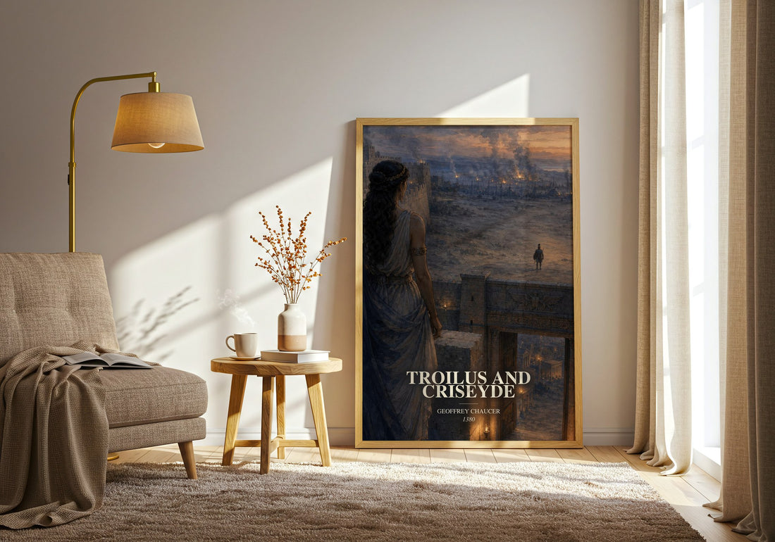 Troilus and Criseyde watercolour print in frame leaning in hallway – poetry wall art