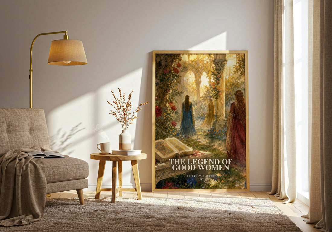 The legend of good women watercolour print in frame leaning in hallway – poetry wall art