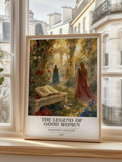 The legend of good women book cover poster colour and style options – Geoffrey Chaucer book art