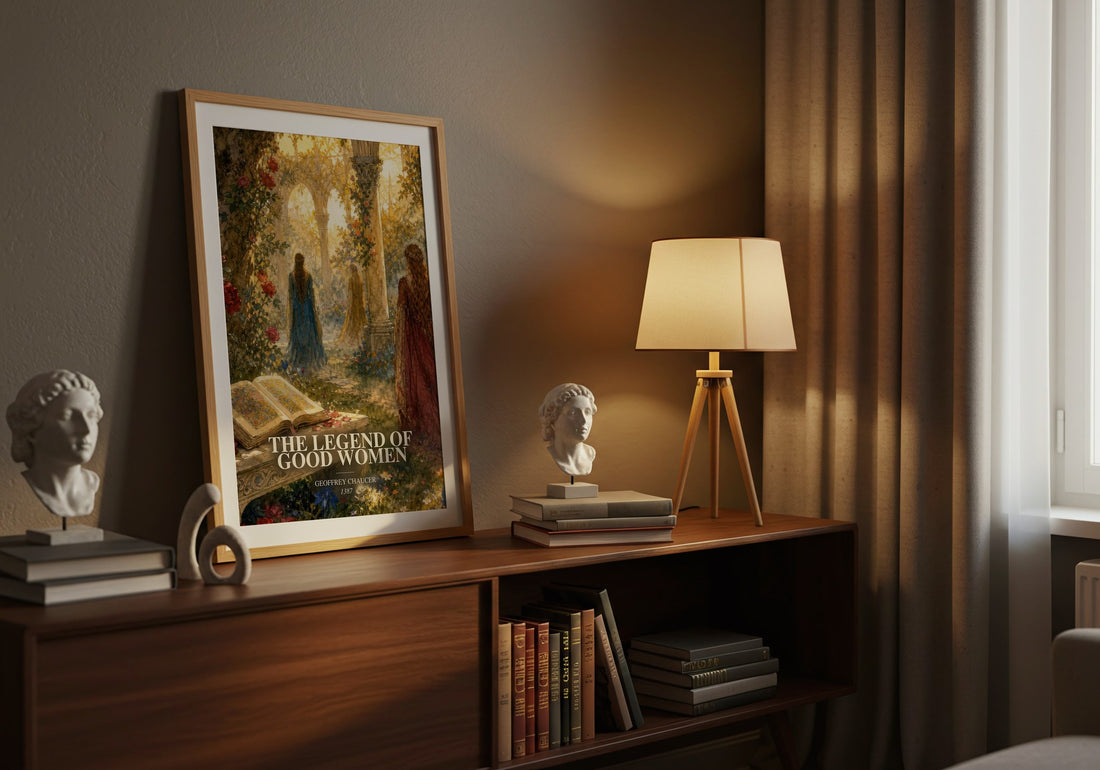 The legend of good women watercolour print on bookshelf – Geoffrey Chaucer fan gift