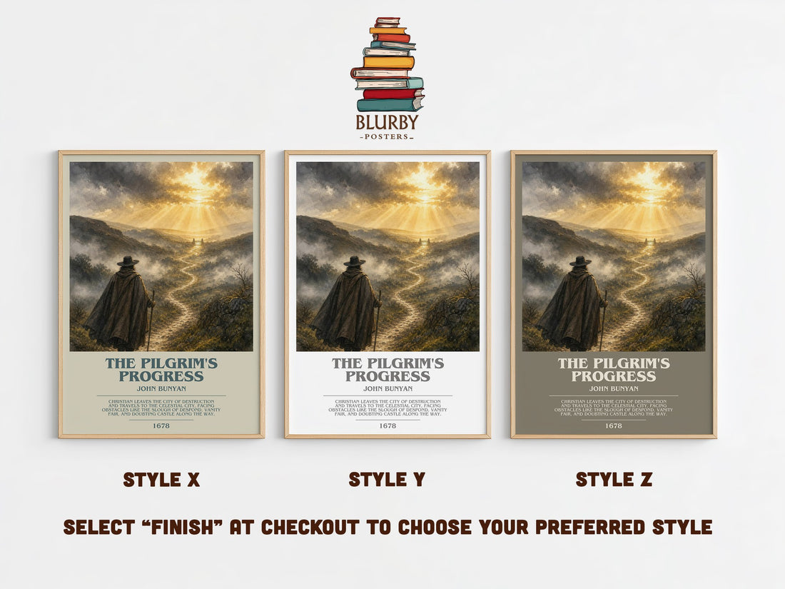 The Pilgrim's Progress bookish print in frame leaning in hallway – classic literature wall art (mockup)