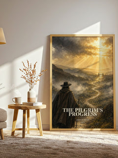 The Pilgrim's Progress watercolour print in frame leaning in hallway – classic literature wall art