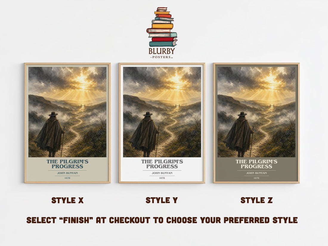 The Pilgrim's Progress book cover print in frame leaning in hallway – classic literature wall art (mockup)