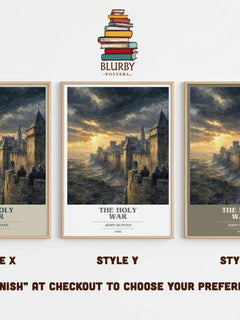 The holy war book cover print in frame leaning in hallway – classic literature wall art