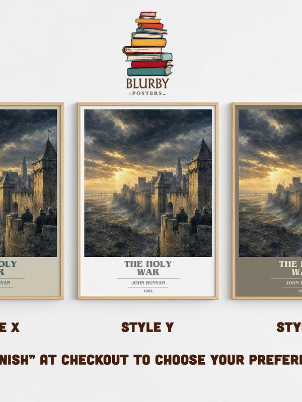 The holy war book cover print in frame leaning in hallway – classic literature wall art