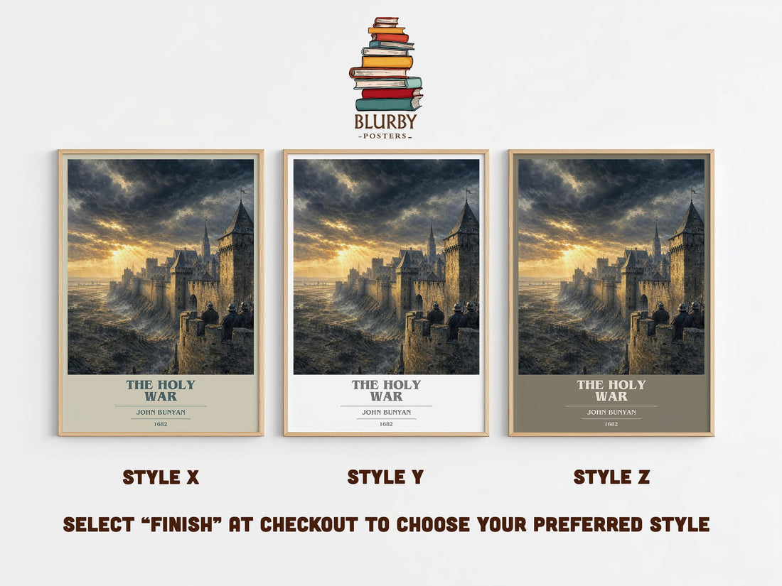 The holy war book cover print in frame leaning in hallway – classic literature wall art (mockup)