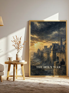 The holy war watercolour print in frame leaning in hallway – classic literature wall art