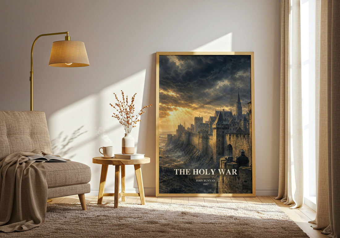 The holy war watercolour print in frame leaning in hallway – classic literature wall art