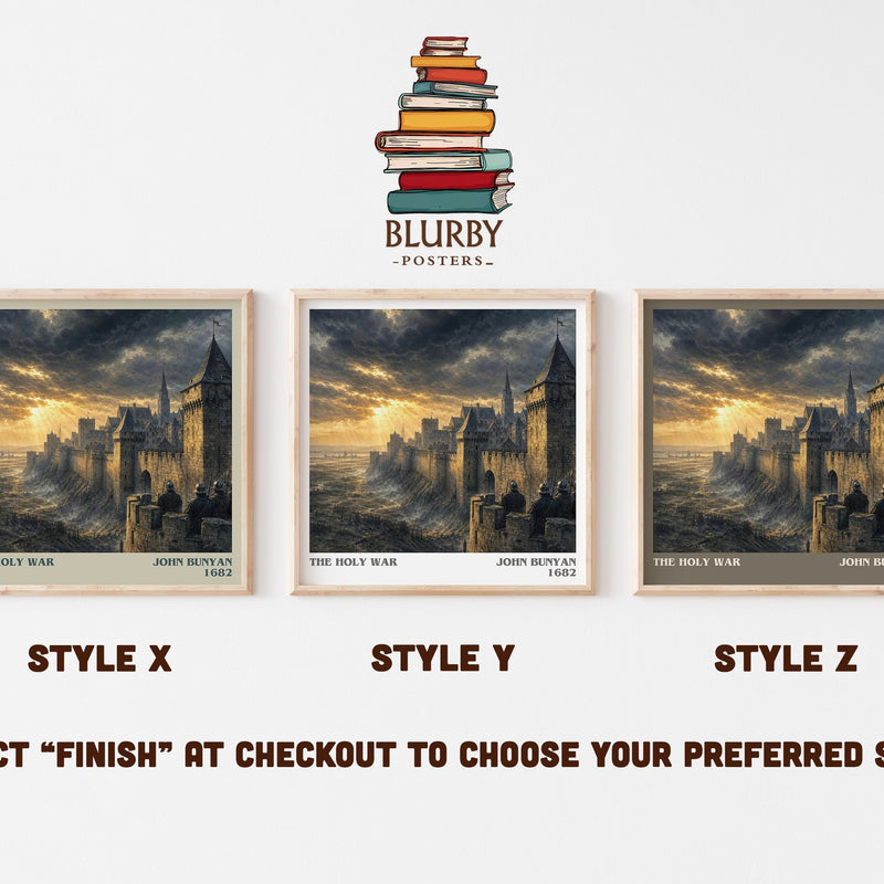 The holy war literary print in frame leaning in hallway – classic literature wall art