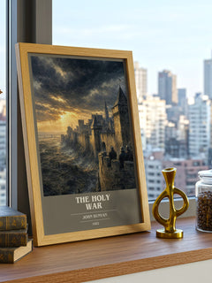 The holy war book cover print framed by window – literary home decor