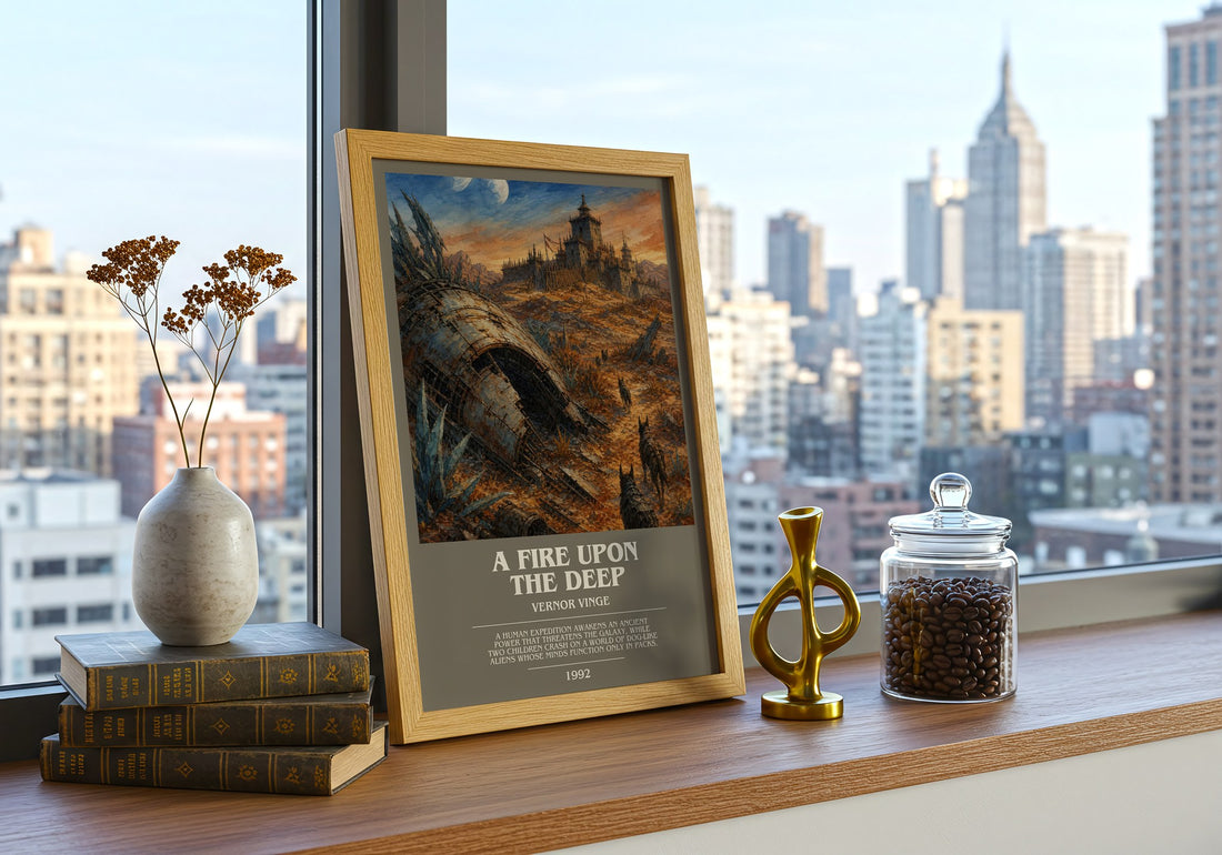 A Fire upon the Deep bookish print framed by window – literary home decor