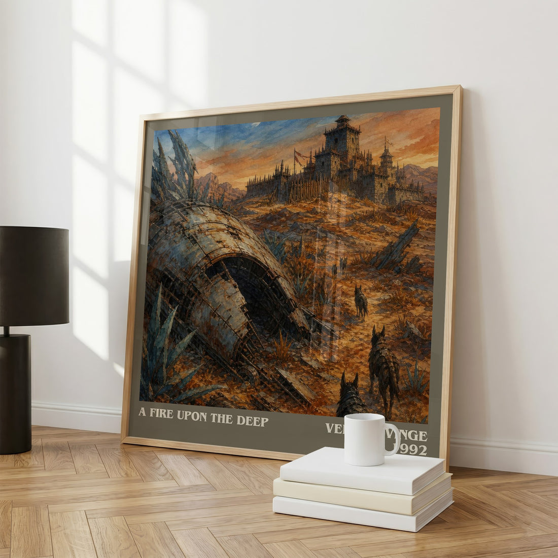 A Fire upon the Deep literary print framed by window – literary home decor