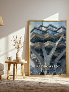 Rainbows End watercolour print in frame leaning in hallway – sci fi wall art