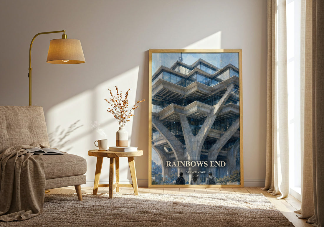 Rainbows End watercolour print in frame leaning in hallway – sci fi wall art