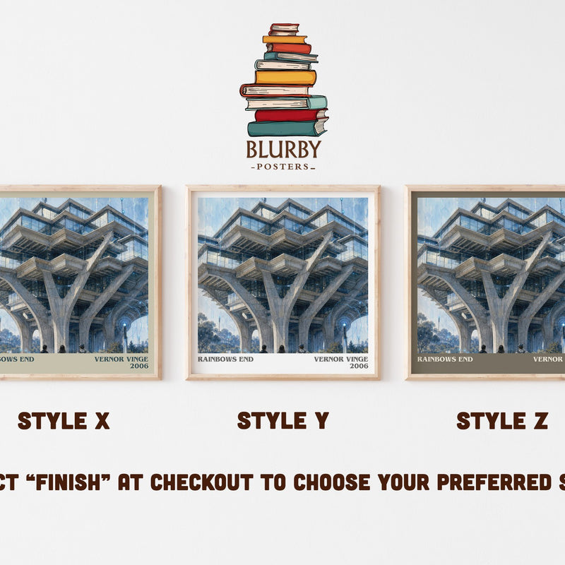 Rainbows End literary print in frame leaning in hallway – sci fi wall art