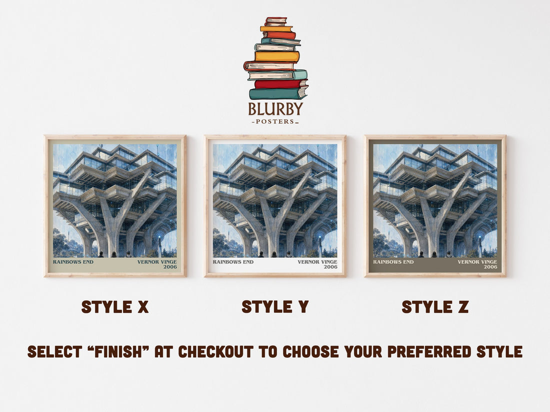 Rainbows End literary print in frame leaning in hallway – sci fi wall art (mockup)