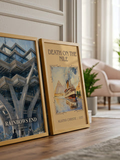 Rainbows End watercolour print framed by window – literary home decor