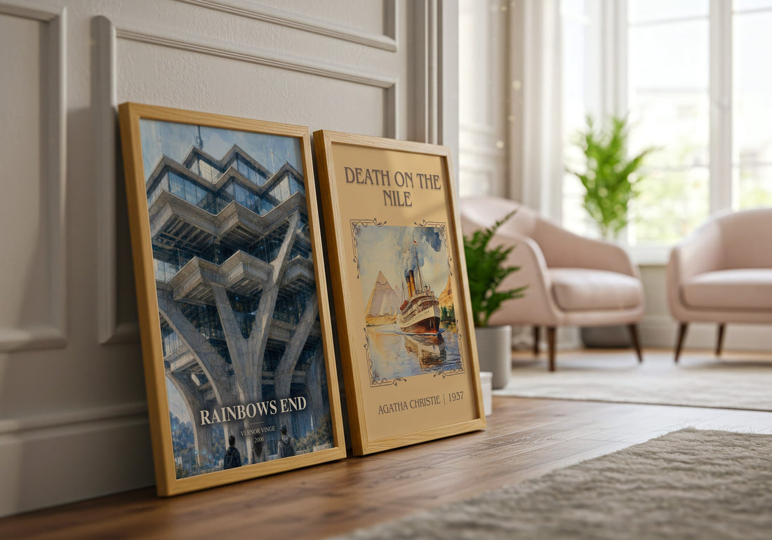 Rainbows End watercolour print framed by window – literary home decor