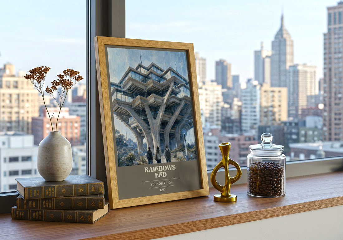 Rainbows End book cover print framed by window – literary home decor