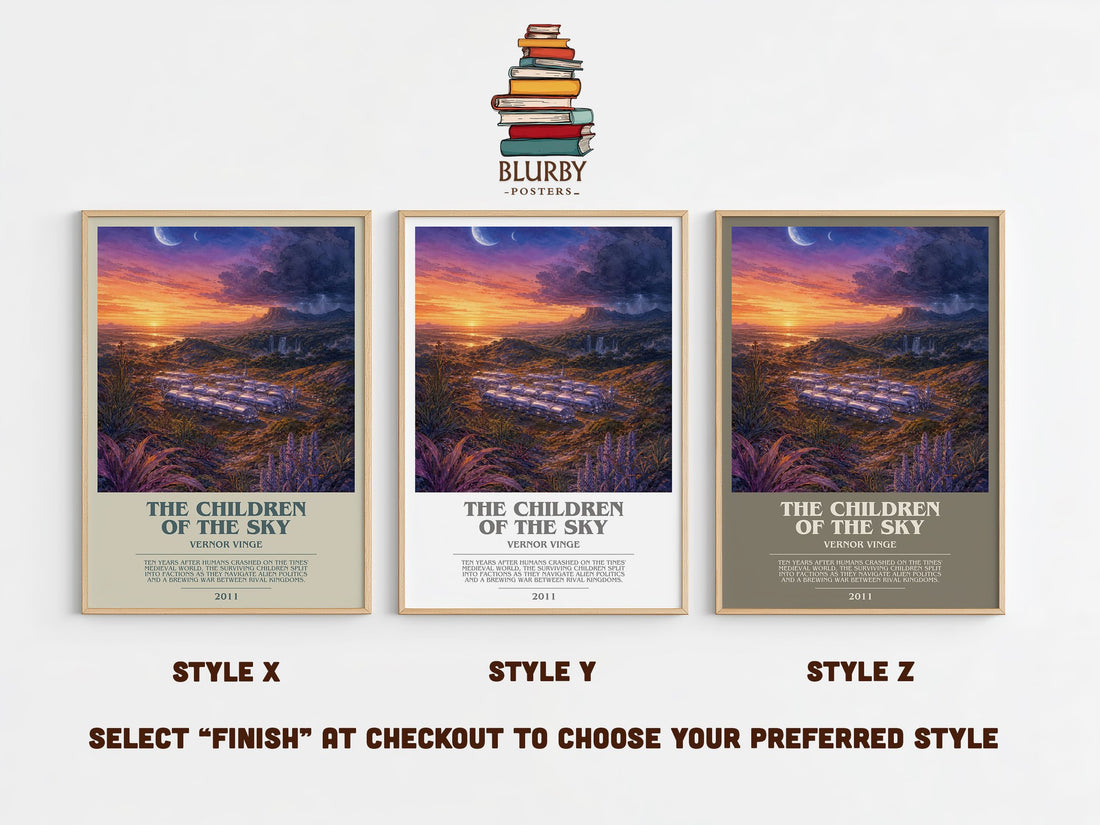 The children of the sky bookish print in frame leaning in hallway – sci fi wall art (mockup)