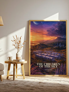 The children of the sky watercolour print in frame leaning in hallway – sci fi wall art