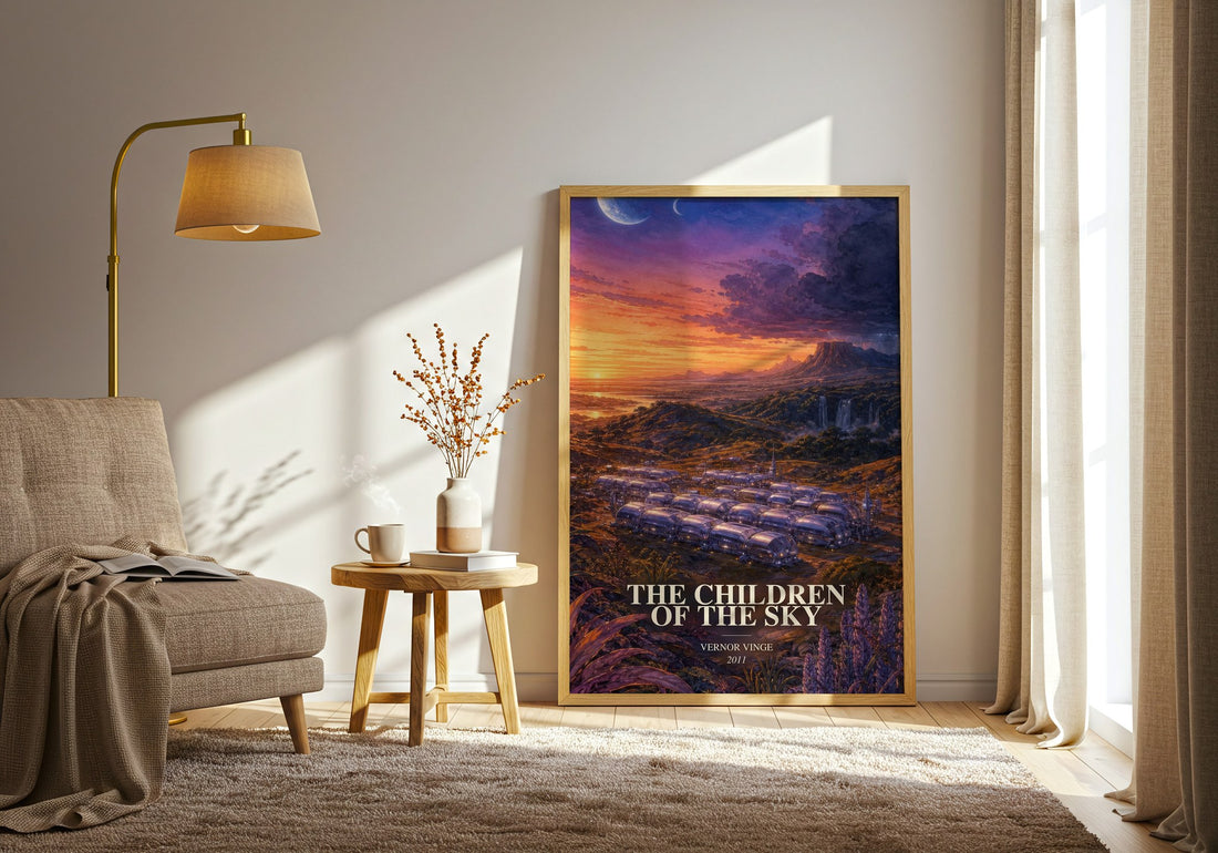 The children of the sky watercolour print in frame leaning in hallway – sci fi wall art