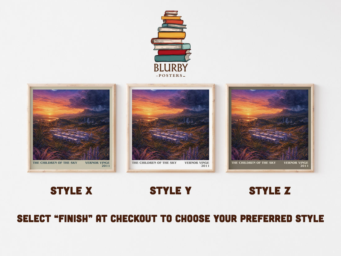 The children of the sky literary print in frame leaning in hallway – sci fi wall art (mockup)