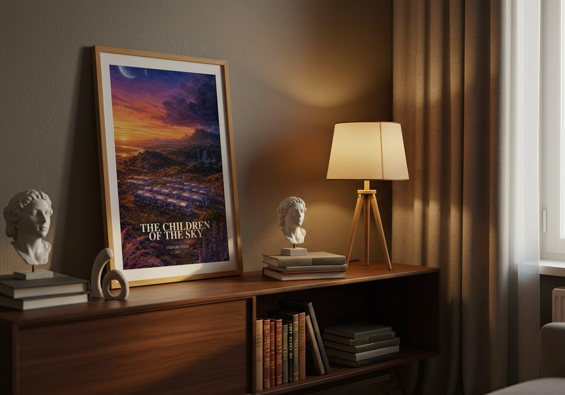 The children of the sky watercolour print on bookshelf – Vernor Vinge fan gift