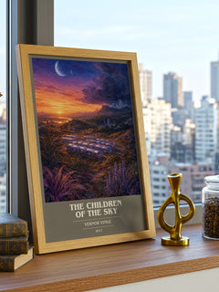 The children of the sky book cover print framed by window – literary home decor