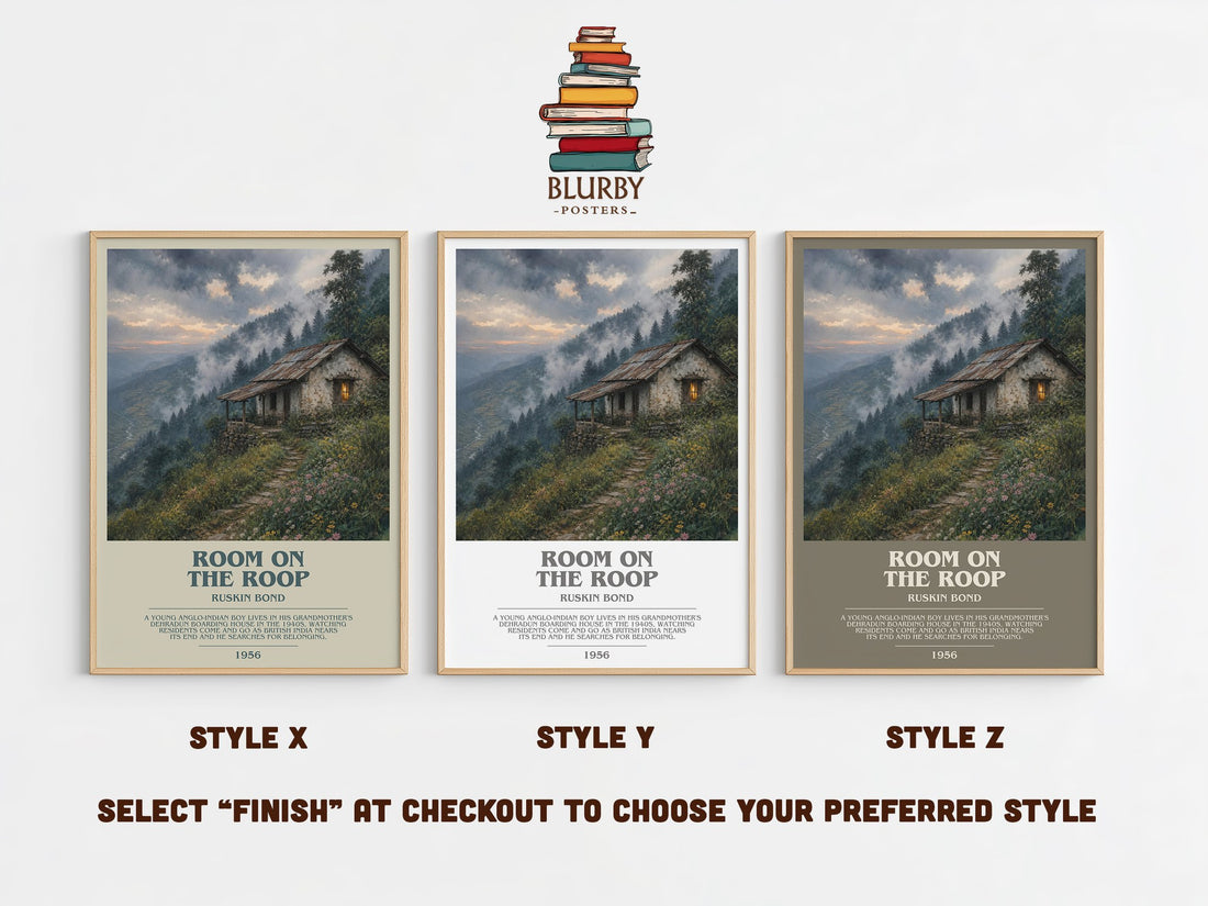 Room On the Roop bookish print in frame leaning in hallway – coming of age wall art (mockup)