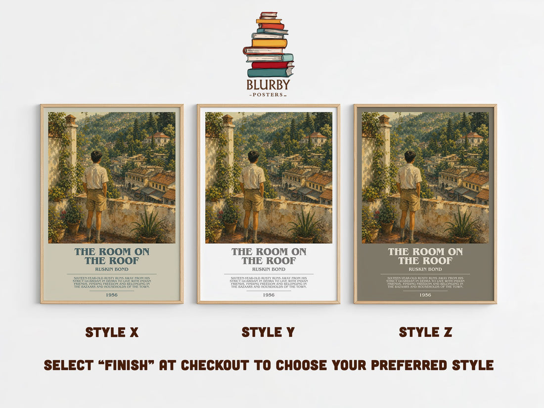 The Room On The Roof bookish print in frame leaning in hallway – coming of age wall art (mockup)
