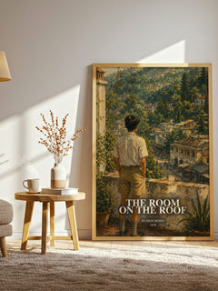 The Room On The Roof watercolour print in frame leaning in hallway – coming of age wall art