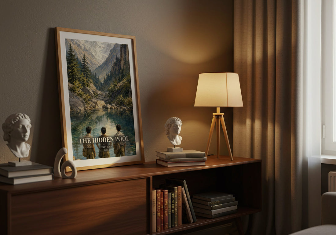 The Hidden Pool watercolour print on bookshelf – Ruskin Bond fan gift