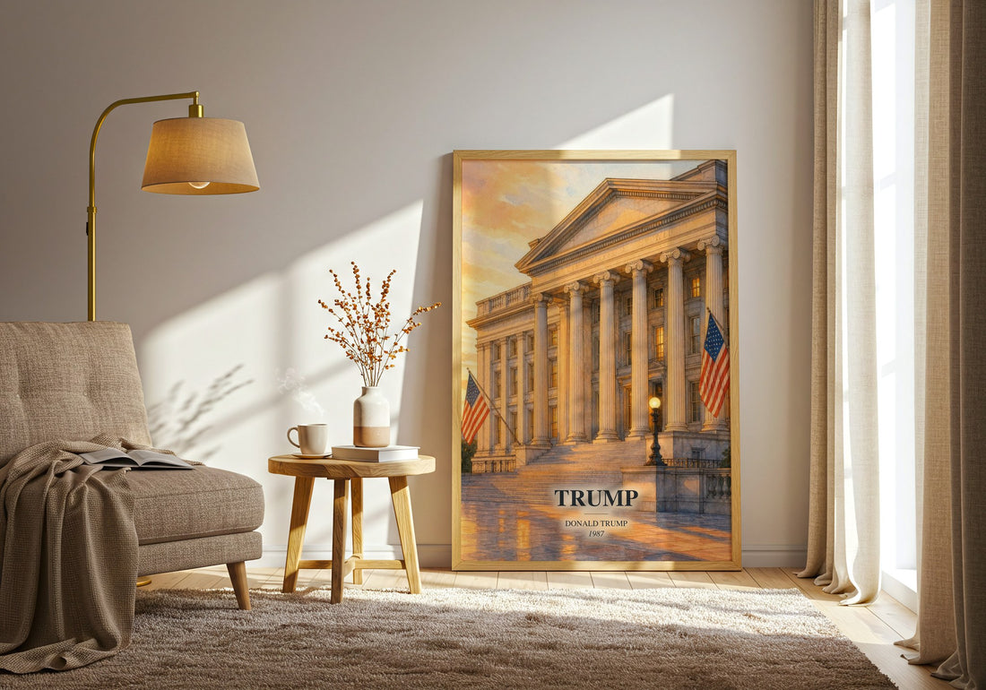 Trump watercolour print in frame leaning in hallway – non fiction wall art